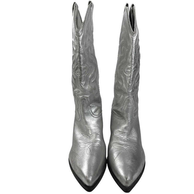 Steve Madden West Silver Leather Pointed Toe Pull On Block Heel Western Boots 9M