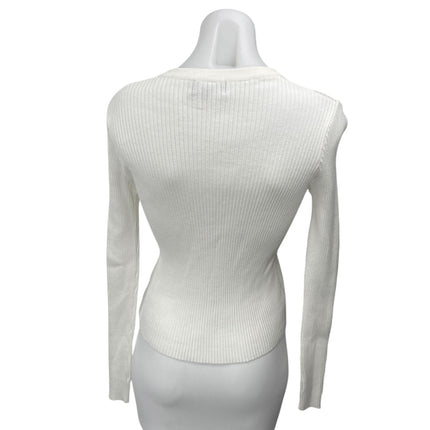 Lulus White Ribbed Knit Slim Deep V Stretch Long Sleeve Pullover Sweater Top M