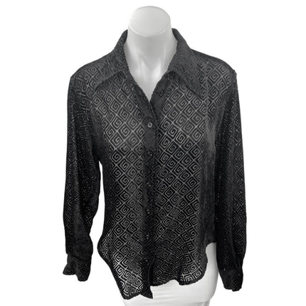 Guess Jeans Black Long Sleeve Semi Sheer Geometric Button Up Shirt Top Size M