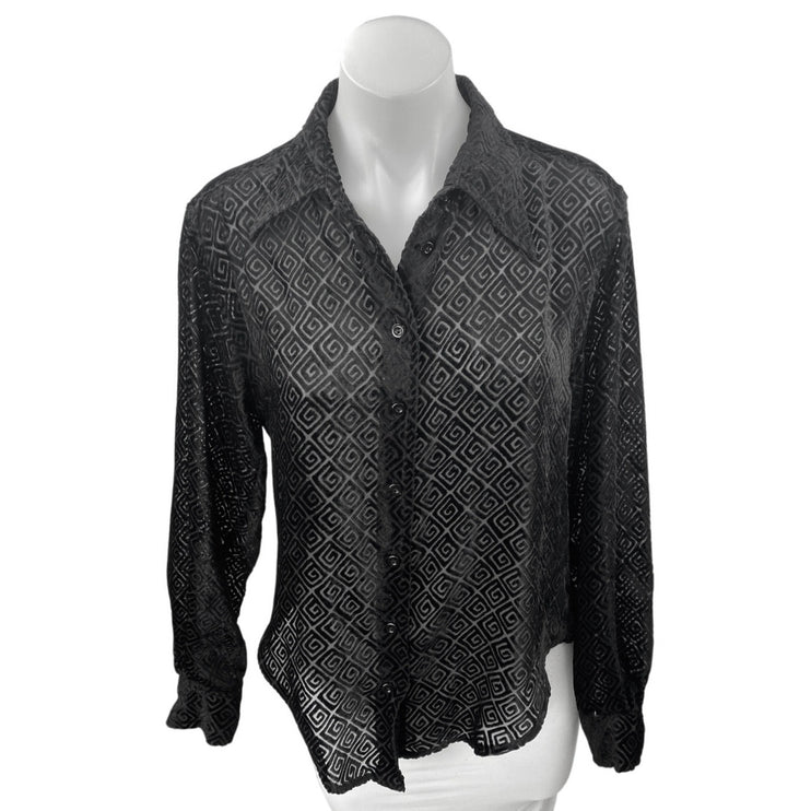 Guess Jeans Black Long Sleeve Semi Sheer Geometric Button Up Shirt Top Size M