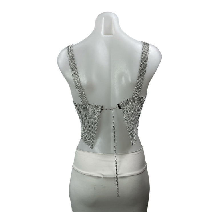 Women's Silver Rhinestone Beaded Sparkly Metallic Sleeveless Crop Top Size S