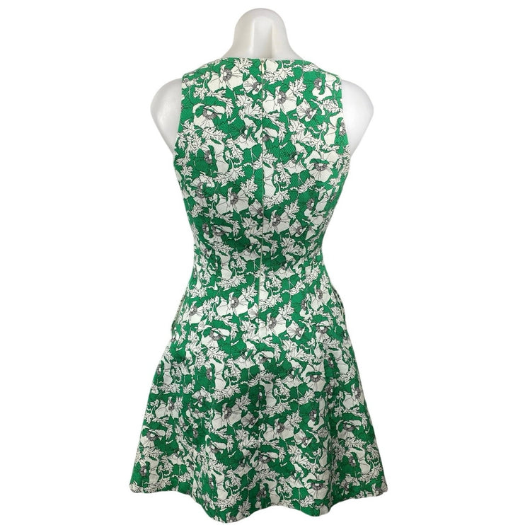 Zara Green Floral Print V-Neck Zip Sleeveless A-Line Fit & Flare Mini Dress Sz S