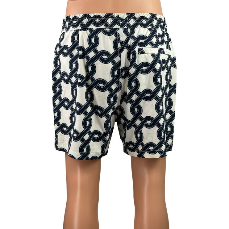 Reiss Men's Black Chain Print Geometric Drawstring Beach Bermuda Swim Shorts L