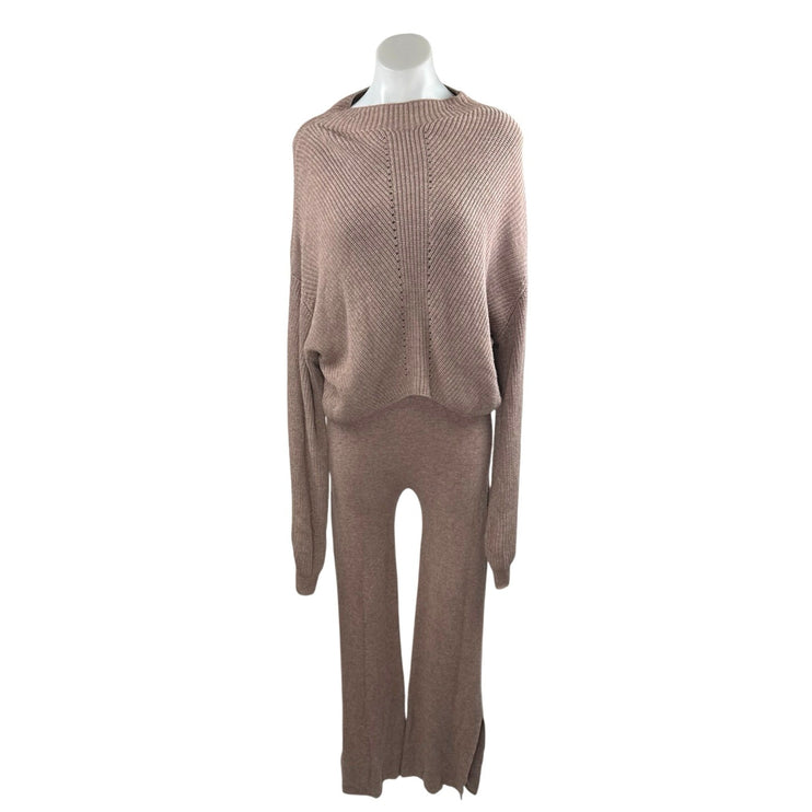 Le Ore Women's Brown Wool Rib Knit Long Sleeve Sweatshirt & Sweatpants Set Sz M