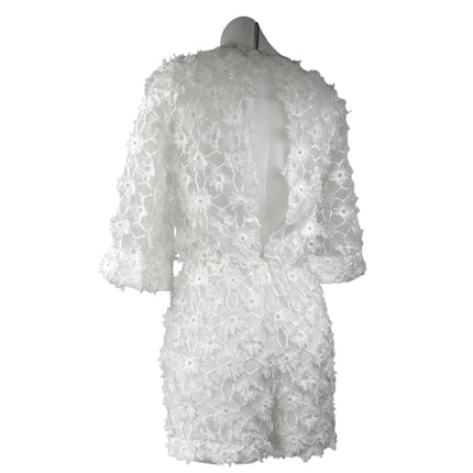 H&M White 3D Floral 3/4 Sleeve Embroidered Mesh Bridal Romper Shorts Size 2