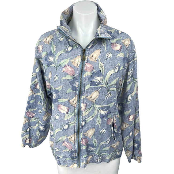 Vintage Vital Zone Blue 100% Silk Floral Relaxed Full Zip High Neck Jacket Sz S