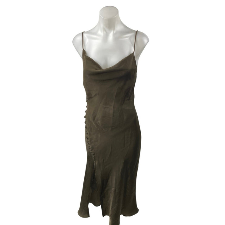 Zara Women's Olive Green Silk Satin Sleeveless Cowl Neck Midi Slip Dress Size XS