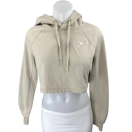 Gymshark Women's Beige Long Sleeve Fleece Hoodie Hooded Crop Sweatshirt Top XS