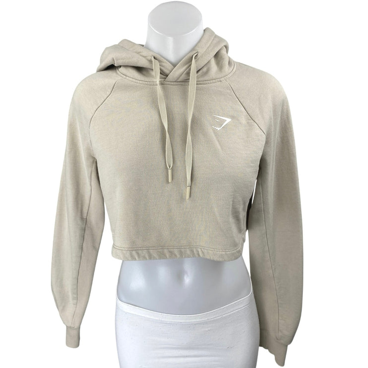 Gymshark Women's Beige Long Sleeve Fleece Hoodie Hooded Crop Sweatshirt Top XS