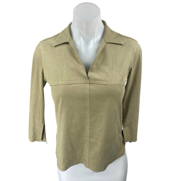 Max Studio Women's Beige Tan Faux Suede Collar 3/4 Sleeve Shirt Blouse Top Sz S