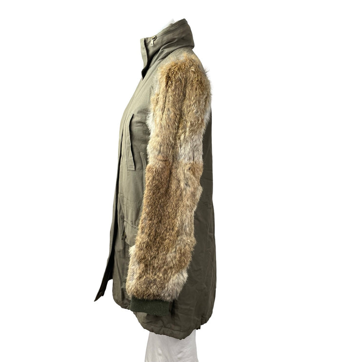 Aqua Genuine Rabbit Fur Long Sleeve Stand Collar Utility Parka Coat Jacket Sz XS