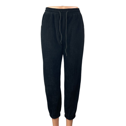 Women's Black Ribbed Plisse Drawstring Yoga Athletic Jogger Sweat Pants Size M
