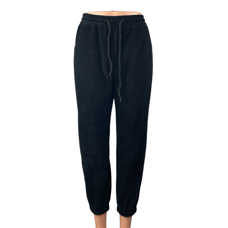 Women's Black Ribbed Plisse Drawstring Yoga Athletic Jogger Sweat Pants Size M