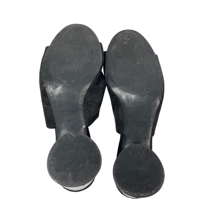 Zara Women's Black Faux Suede Clear Chunky Block Heel Open Toe Mule Heels Sz 7.5