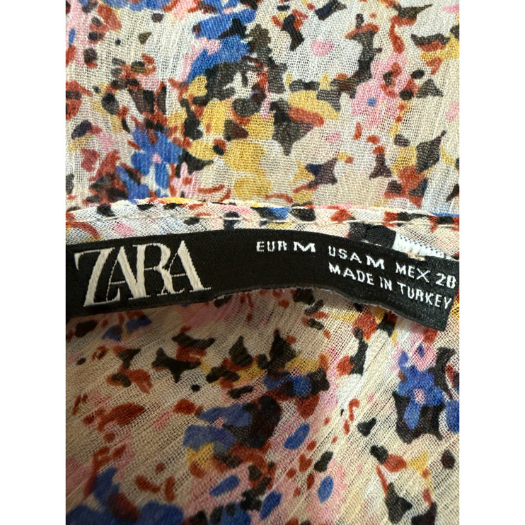 Zara Multicolor Long Puff Sleeve V-Neck Ruffle Cutout A Line Maxi Dress Size M