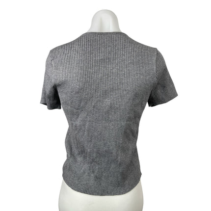 Le Lis Gray Ribbed Knit Ribbon Crew Neck Short Sleeve Crop Sweater Blouse Top L