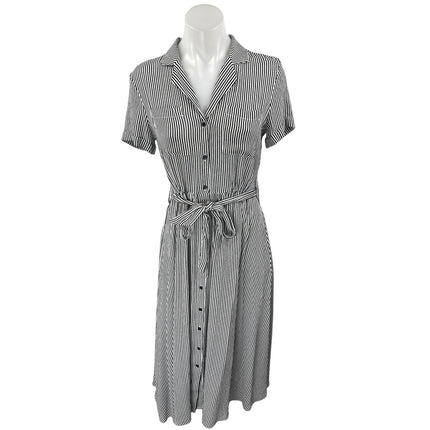 Monoprix Black White Striped Short Sleeve Belted Button Down Midi Shirt Dress 4