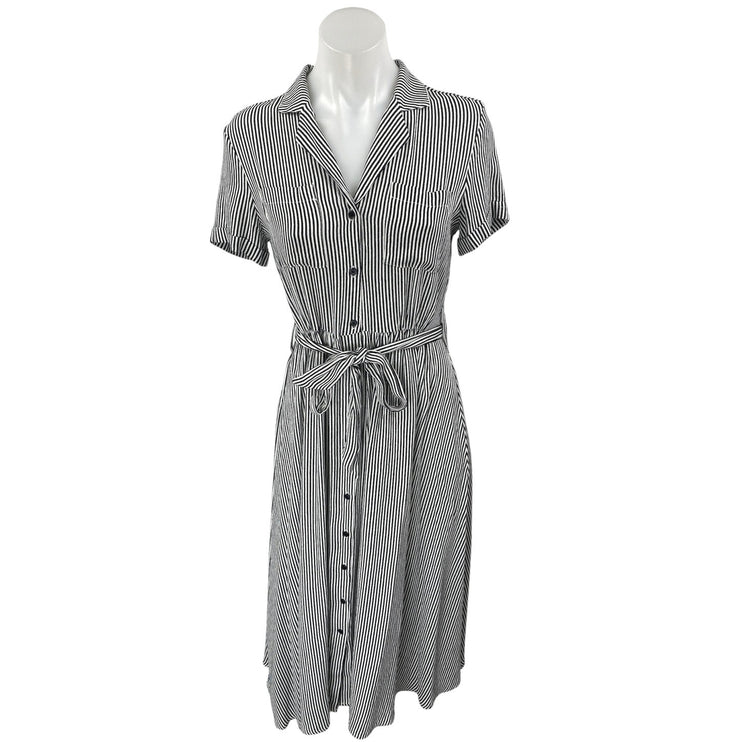 Monoprix Black White Striped Short Sleeve Belted Button Down Midi Shirt Dress 4