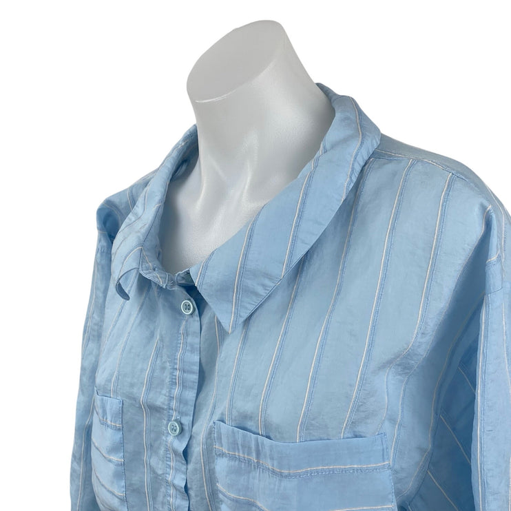 Zara Women's Blue Striped Collared Long Sleeve Button Down Shirt Blouse Top Sz M