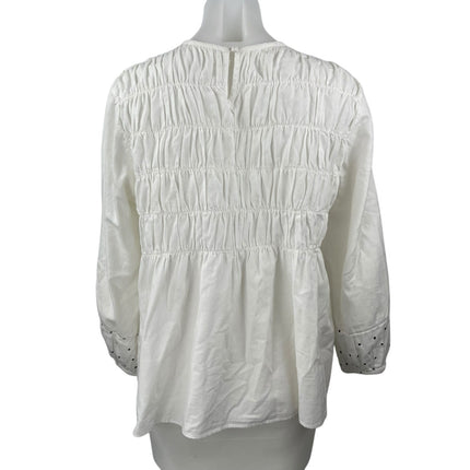 Neem Women's White Long Sleeve Smocked Mock Neck Peplum Blouse Top Size XS/S