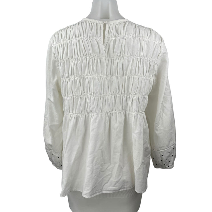 Neem Women's White Long Sleeve Smocked Mock Neck Peplum Blouse Top Size XS/S