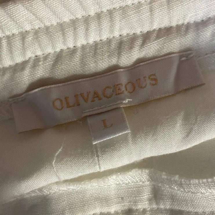 Olivaceous White Linen Cowrie Shell Drawstring Ruffle Wide Leg  Summer Shorts L