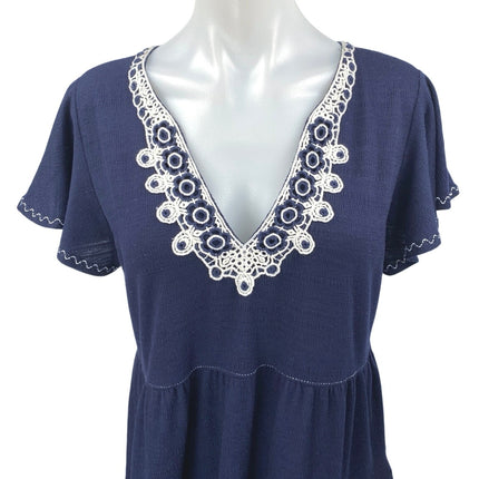 Max Studio Navy Blue Floral Embroidered Short Sleeve Tiered Mini Dress Size M