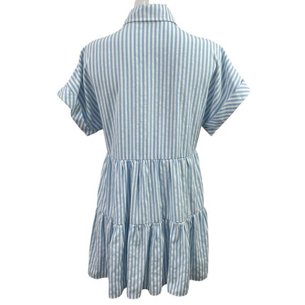 Aqua Blue Stripe Collared Short Sleeve Button Up Mini Flare A-Line Shirt Dress S