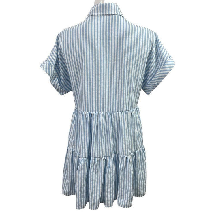 Aqua Blue Stripe Collared Short Sleeve Button Up Mini Flare A-Line Shirt Dress S