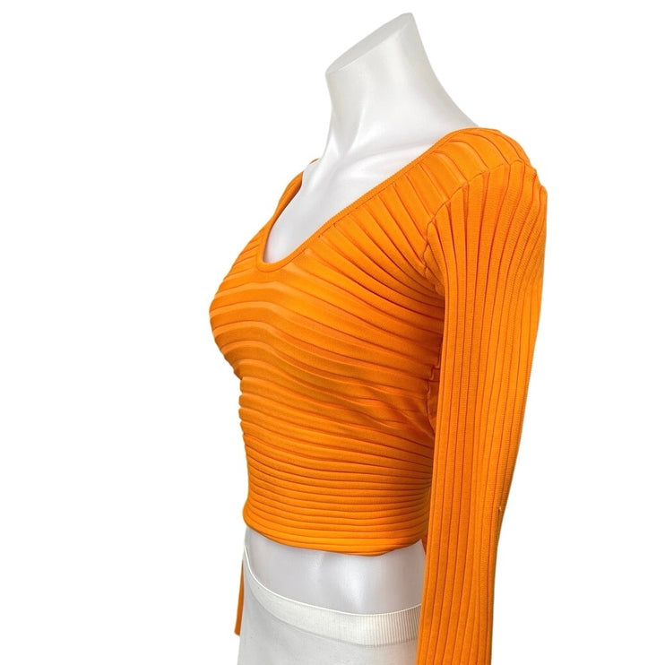 Tibi Orange Ribbed Knit Long Sleeve V Neck Tie Back Cut Out Crop Top Size M