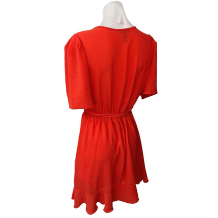 Aqua Women's Orange V-Neck Short Puff Sleeve Ruffle Belted Tie Mini Wrap Dress M