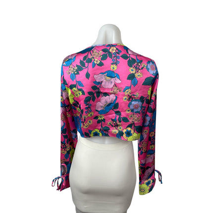 Zara Women's Pink Floral Cutout Keyhole Tie Long Sleeve Blouse Crop Top Size S