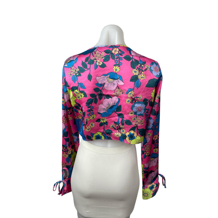 Zara Women's Pink Floral Cutout Keyhole Tie Long Sleeve Blouse Crop Top Size S