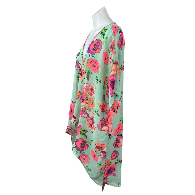 Ocean Pacific Multicolor Floral Long Sleeve Kimono Duster CoverUp Cardigan Top M