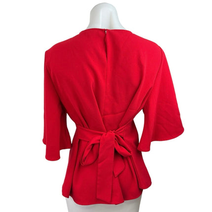 Zara Red Front Keyhole Bell Sleeve Tie Waist Career Business Blouse Top Size L