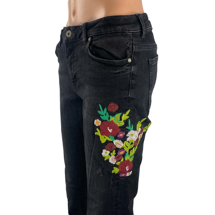 Zara Women's Black Floral Patch Embroidered Mid Rise Skinny Denim Jeans Size 8