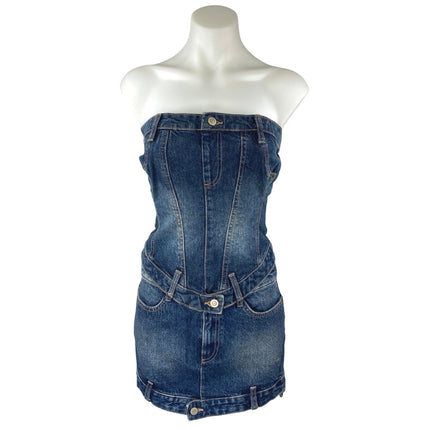 Zara Blue Strapless Tube Bandeau Denim Jeans Crop Top Mini Skirt 2 Pc Set Size S