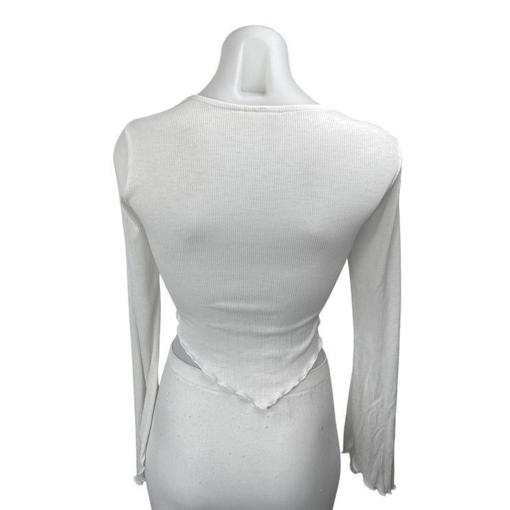 Steele White Ribbed Knit Long Sleeve Lettuce Edge Asymmetric Crop Top Size XS