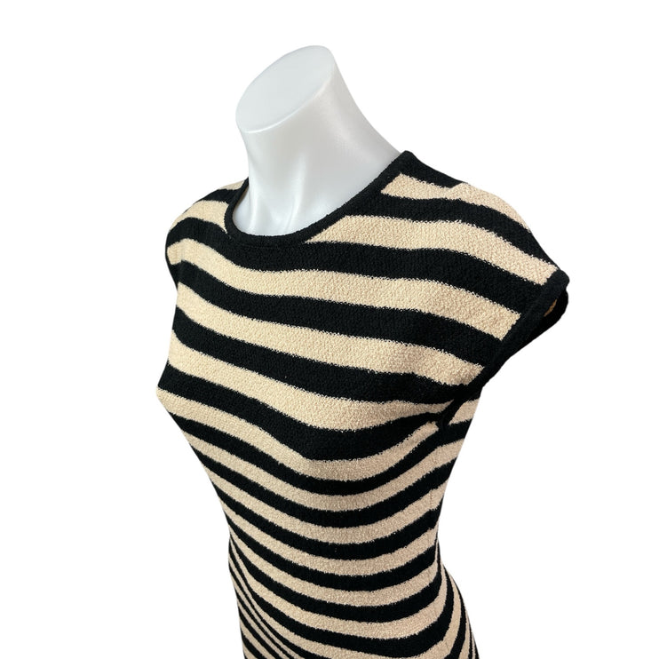Zara Women's Black Cream Striped Knit Cap Sleeve Midi Sheath Bodycon Dress Sz S