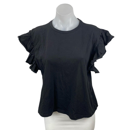 NEW Zara Women's Black Round Neck Ruffle Flutter Sleeve T-Shirt Blouse Top Sz M