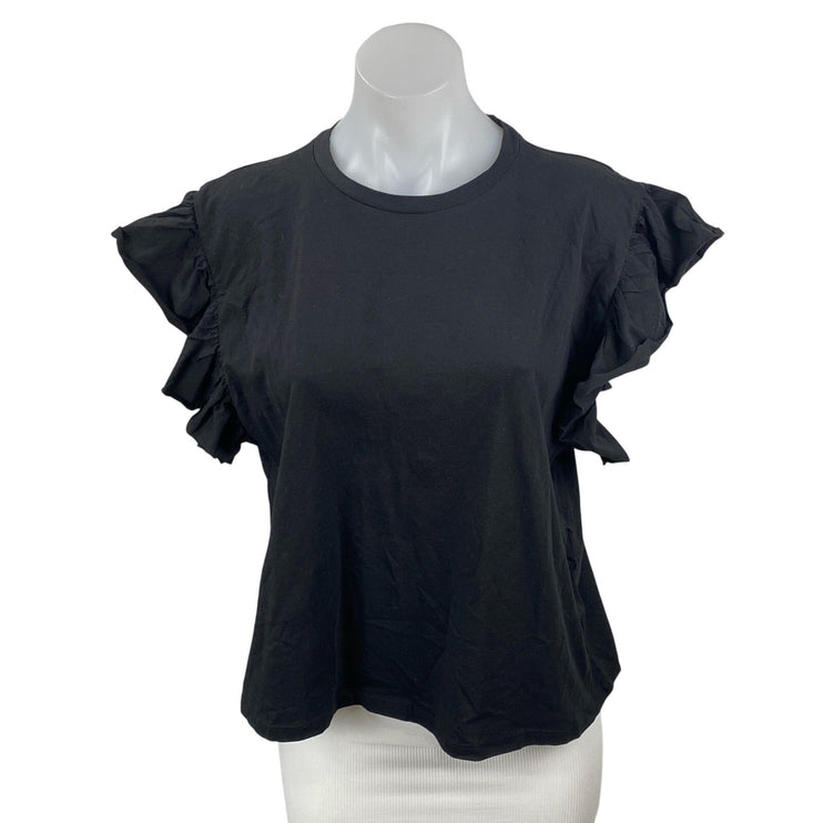 NEW Zara Women's Black Round Neck Ruffle Flutter Sleeve T-Shirt Blouse Top Sz M