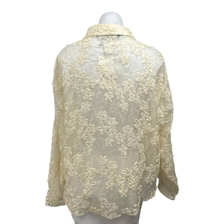 NEW Zara White Textured Floral Chiffon Long Sleeve Button Down Shirt Blouse XL