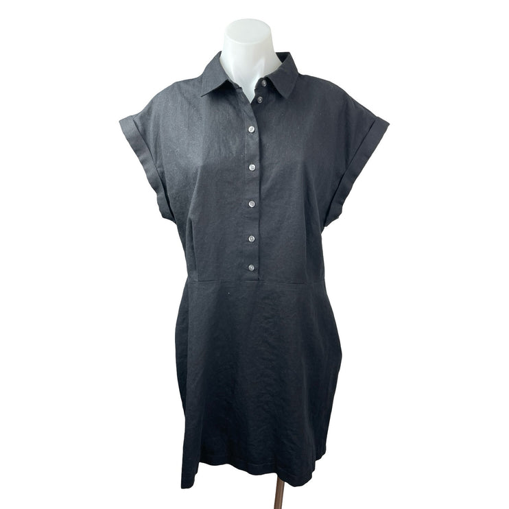 NEW Gap Black Linen Short Drop Sleeve Button Front Collared Mini Shirt Dress L