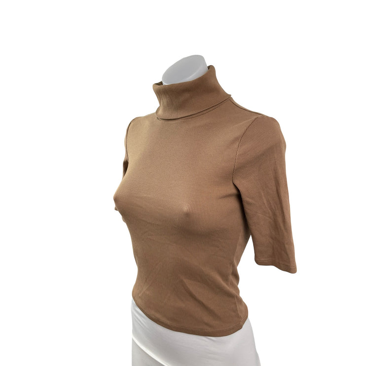 Zara Women's Brown Ribbed Turtle Neck Short Sleeve Slim Sweater T-shirt Top Sz S