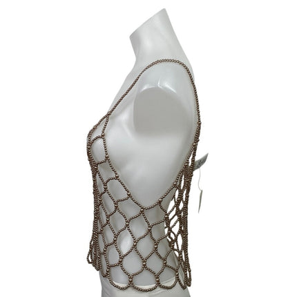 NEW Endless Blu Brown Bronze Pearl Beaded Net Cami Cover Up Tank Top Size M/L