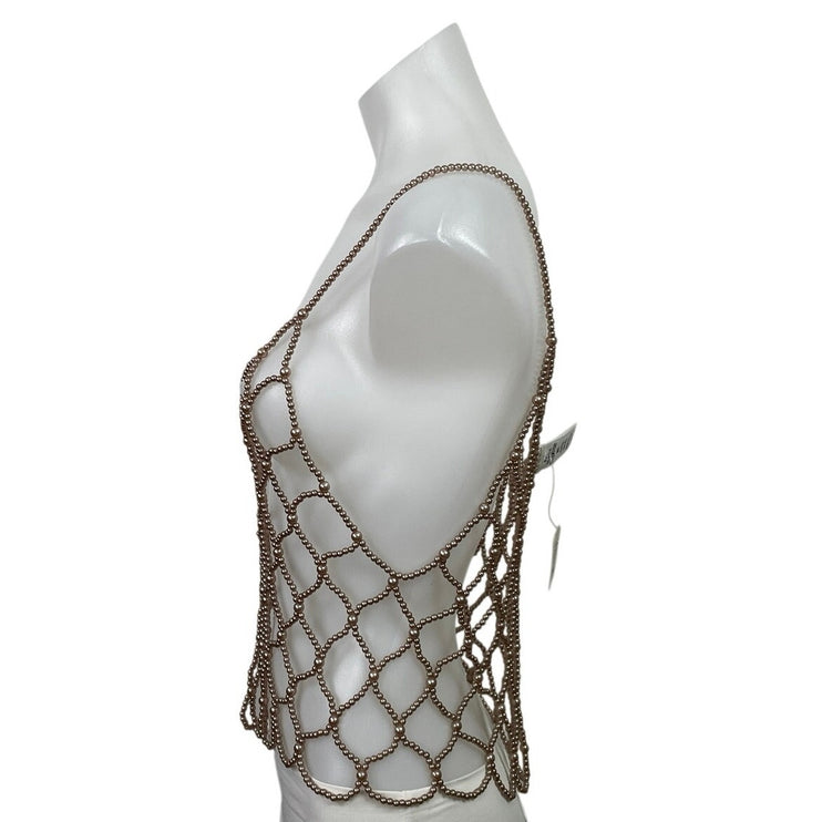 NEW Endless Blu Brown Bronze Pearl Beaded Net Cami Cover Up Tank Top Size M/L