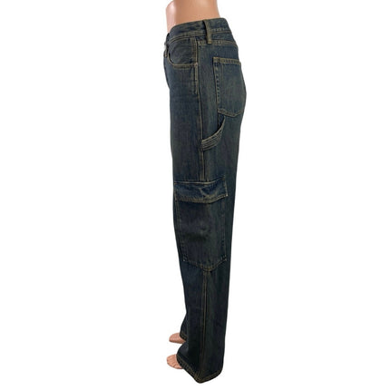 Still Here Charlie Women Blue High Rise Wide Leg Baggy Cargo Denim Jeans Size S