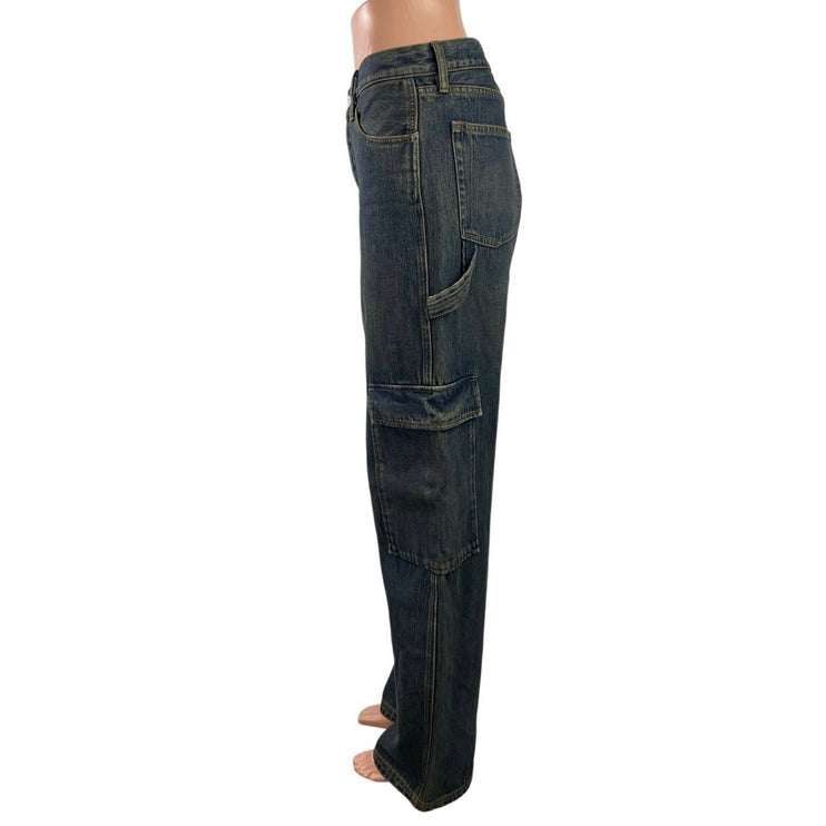 Still Here Charlie Women Blue High Rise Wide Leg Baggy Cargo Denim Jeans Size S