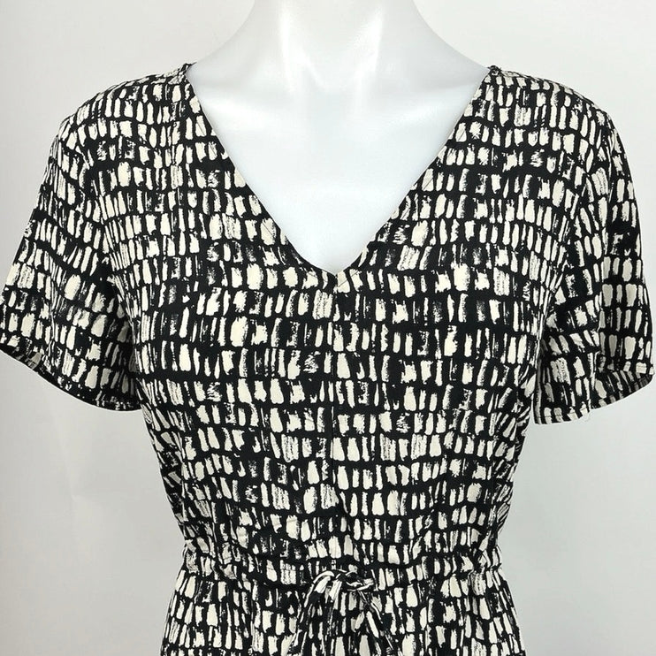 Eileen Fisher Black White 100% Silk V Neck Short Sleeve Tie Waist Mini Dress XS