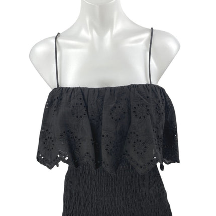 Zara Black Sleeveless Embroidered Smocked Cami Tank Mini Bodycon Dress Size M